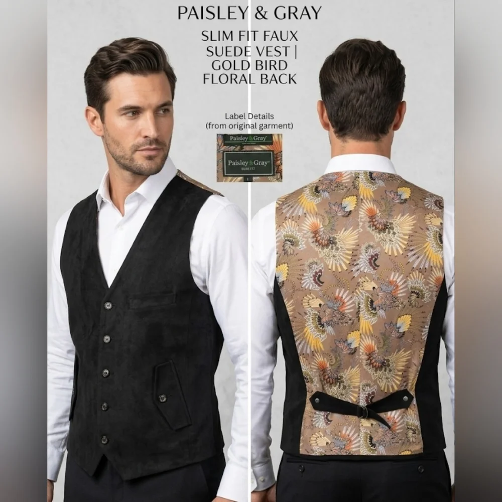Paisley & Gray Slim Fit Faux Suede Vest | Gold Bird Floral Back Size L
